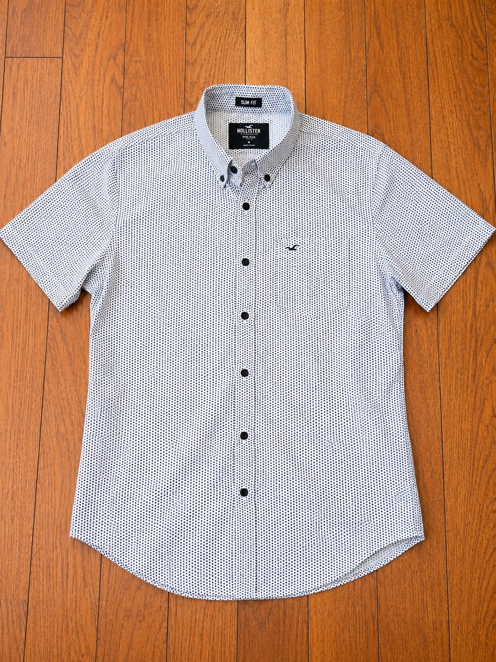 Hollister Mens Large Slim Fit Short Sleeve Button Front Shirt White Black Print